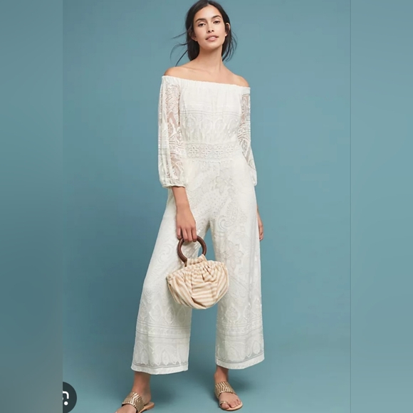 FARM Rio Pants - Farm Rio Elliott burnout white off shoulder jumpsuit Size Medium